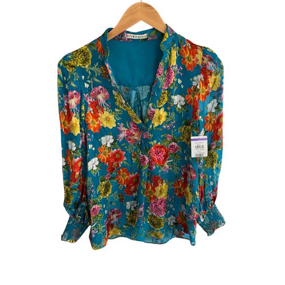 Alice + Olivia Sheila Floral Print Silk Blouse Top Summer Bliss Blue Size XS NWT - Picture 4 of 10